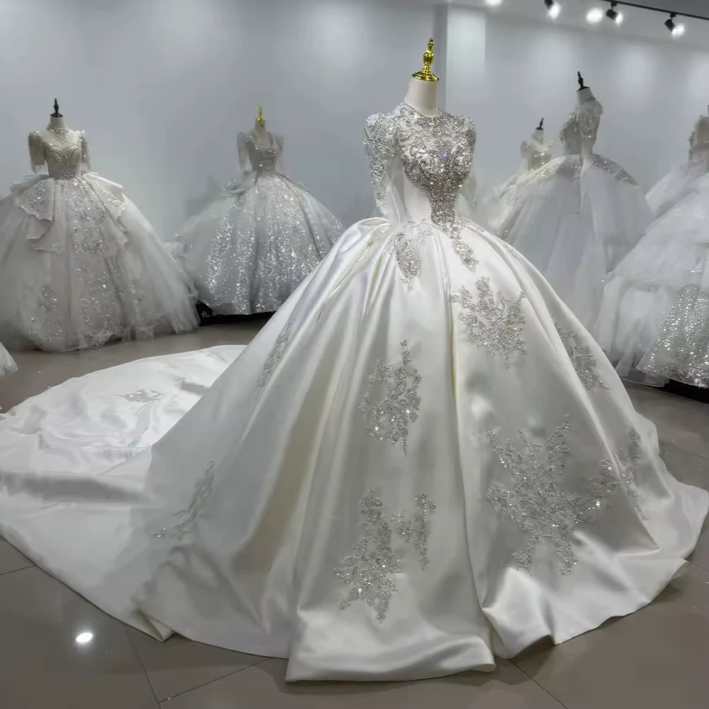 Атласное свадебное платье с высоким и длинным рукавом на шнуровке сзади, свадебное платье по индивидуальному заказу, украшенное бисером и кристаллами, новинка 202, свадебные платья невесты