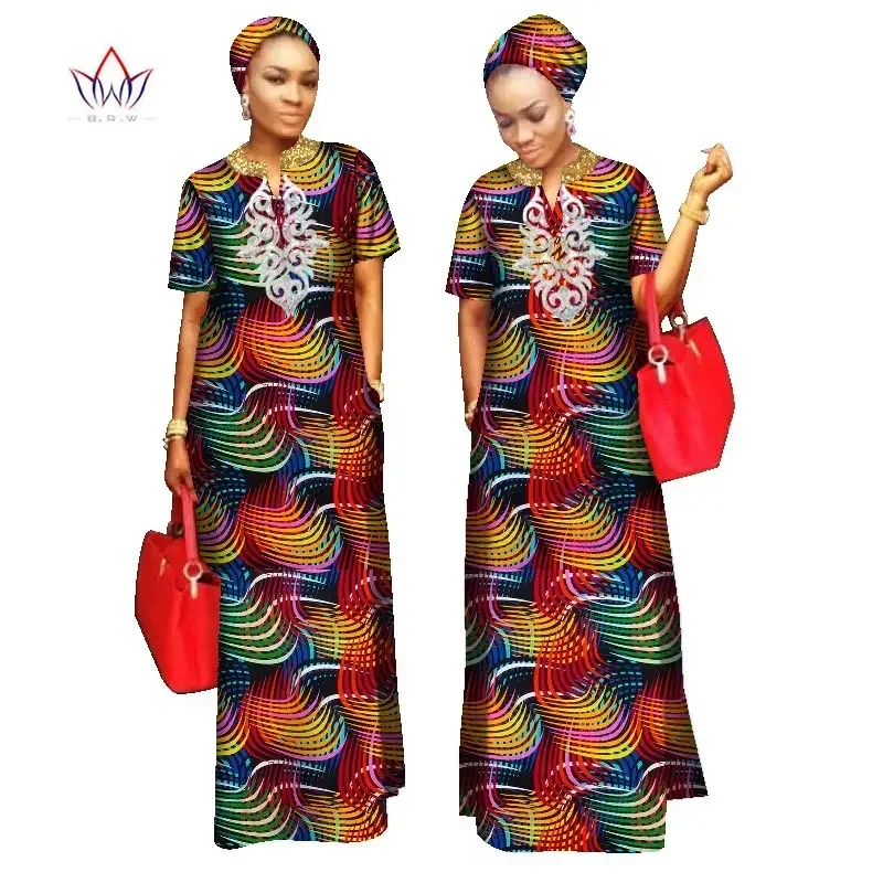 

African Print Clothing For Women Riche Bazinl Short Sleeve Outfits Woment Free Head Scarf Lady Long Dress Maxi Size WY843