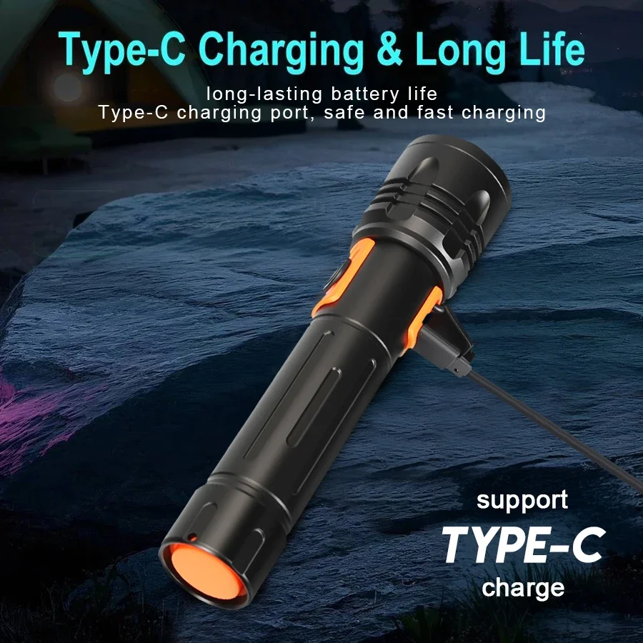 High Power LED Flashlight USB Rechargeable Torch with Telescopic Zoom Super Bright Tactical Lantern for Outdoor Camping Fishing