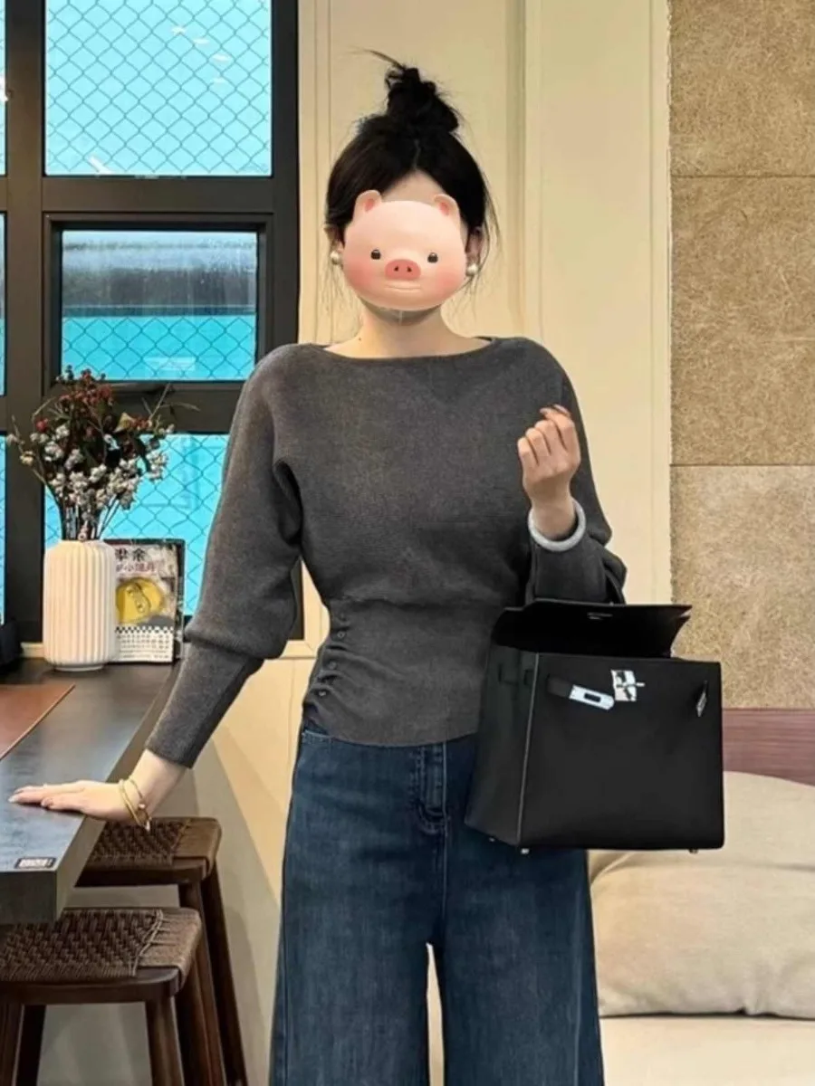 한국 슬레 여성 니트 원숄더 스웨터 슬림핏 롱 스웨터 라운드 넥 베이스 이너웨어 캐주얼 데일리 탑