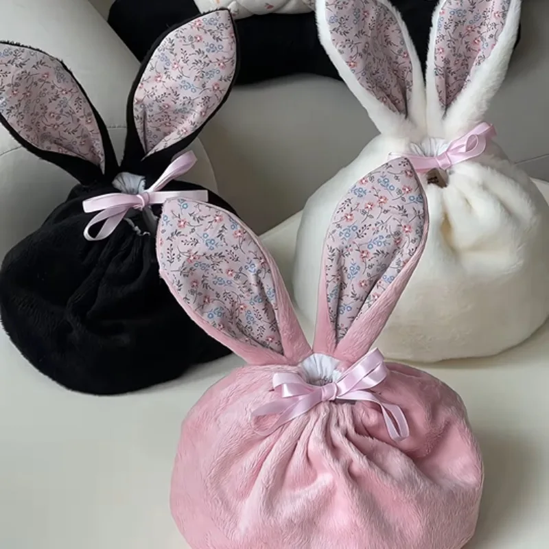 

Plush Rabbit Ears Hand-held Bucket Bag Large Capacity Travel Makeup Bag Drawstring Storage Bags Portable Travel Bags Easter Gift