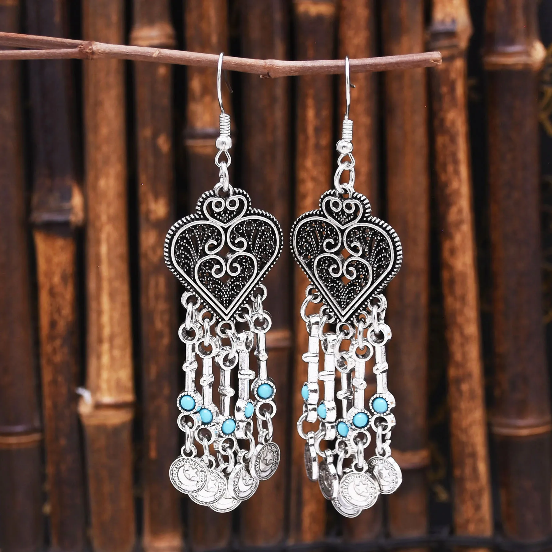 Vintage Ethnic Turquoise Coins Tassel Earrings For Female Antique Silver Geometric Carved Jewelry Turkey Kurdish Accessory Gift