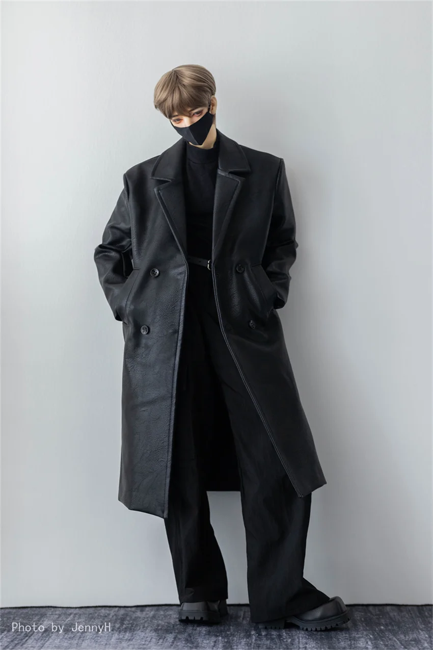 

BJD Doll Over Knee Long Leather Clothes Coats ID75 Boys Handsome Black Toy Double Breasted Coats Doll Accessories