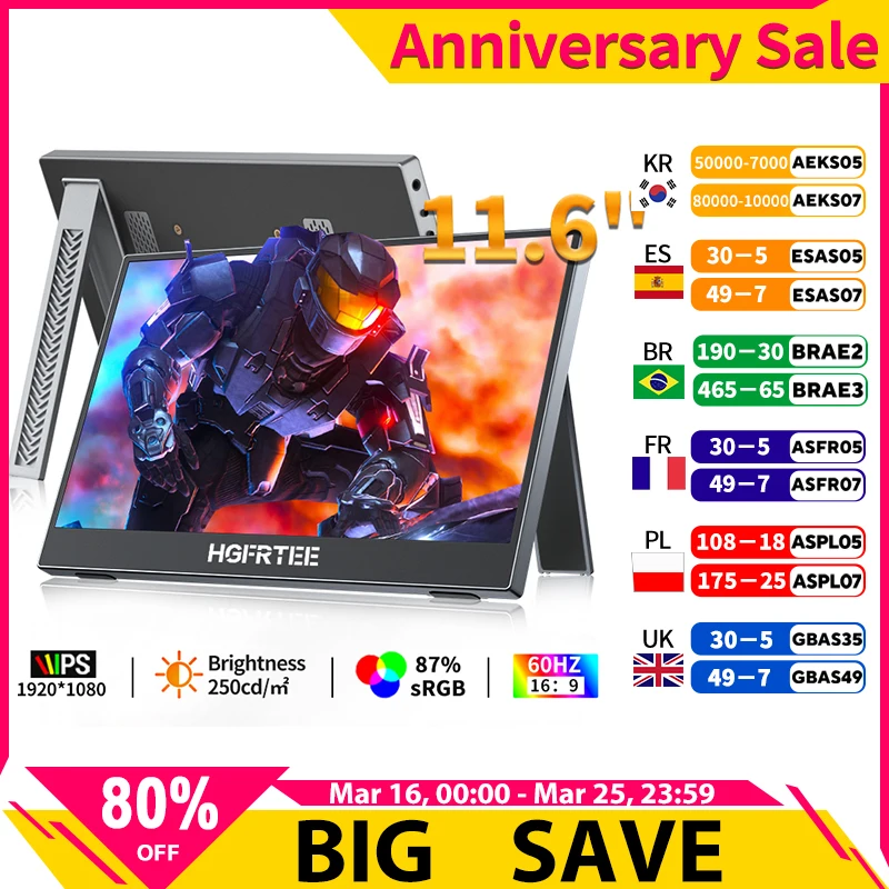 

Portable Monitor 11.6-inch External Laptop Monitor 1366P with Built-in Speakers HDMI USB-C Port Display for Laptop PC Mac PS4/5