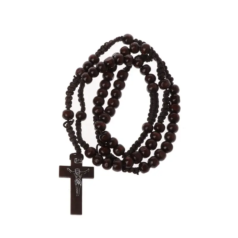 Catholic Wooden Beads Rosary Necklace with Jesus for Cross Religious Jew