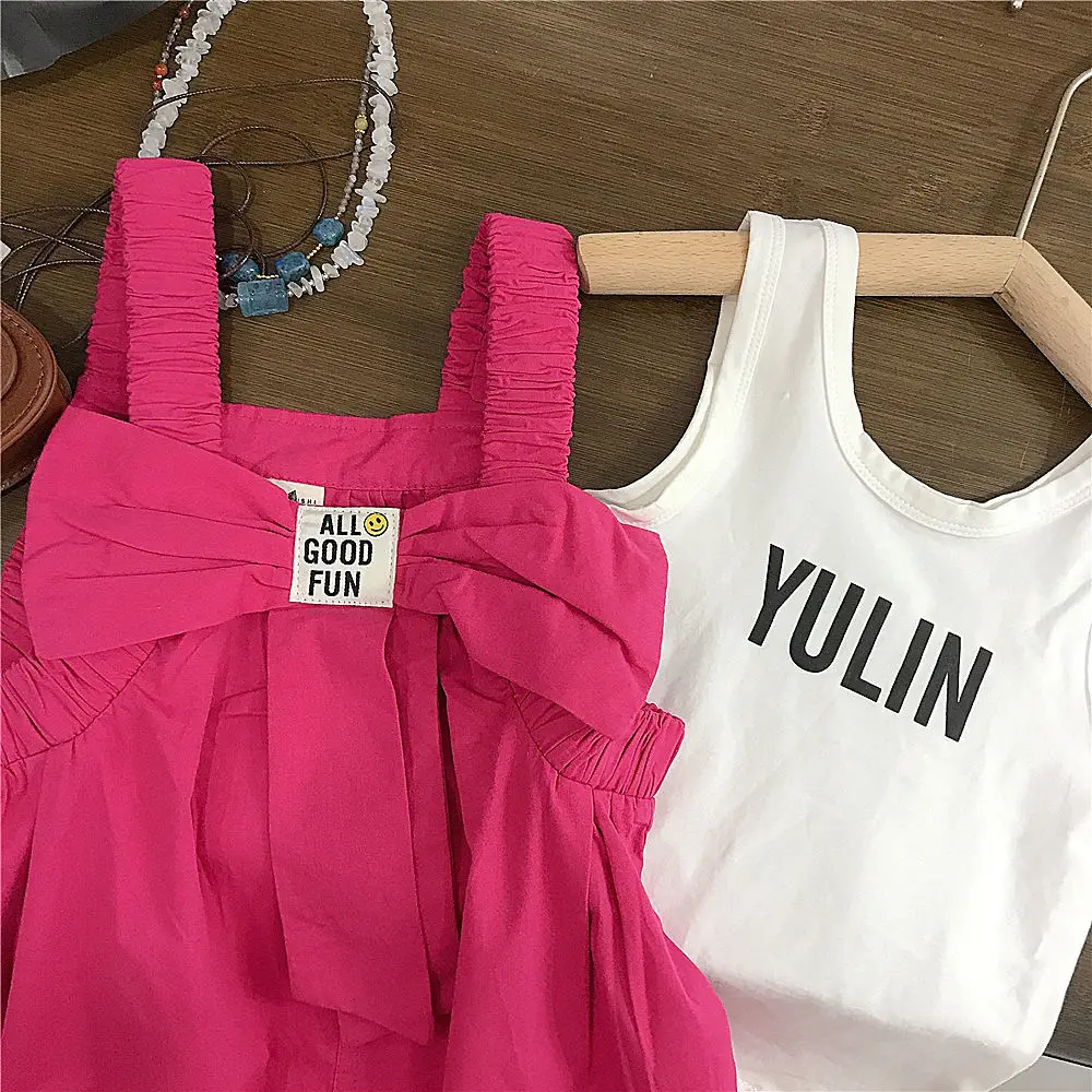 0-7Y Children\'s Clothing Set Summer New Girl Baby Cotton Letter Tank Top T-shirt Overall Pant Two Piece Set Korean