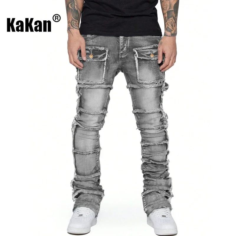 Kakan - European and American Men's Workwear Straight Leg Jeans, Popular Elastic Patch Pocket Sports Denim Layered Flared Pants