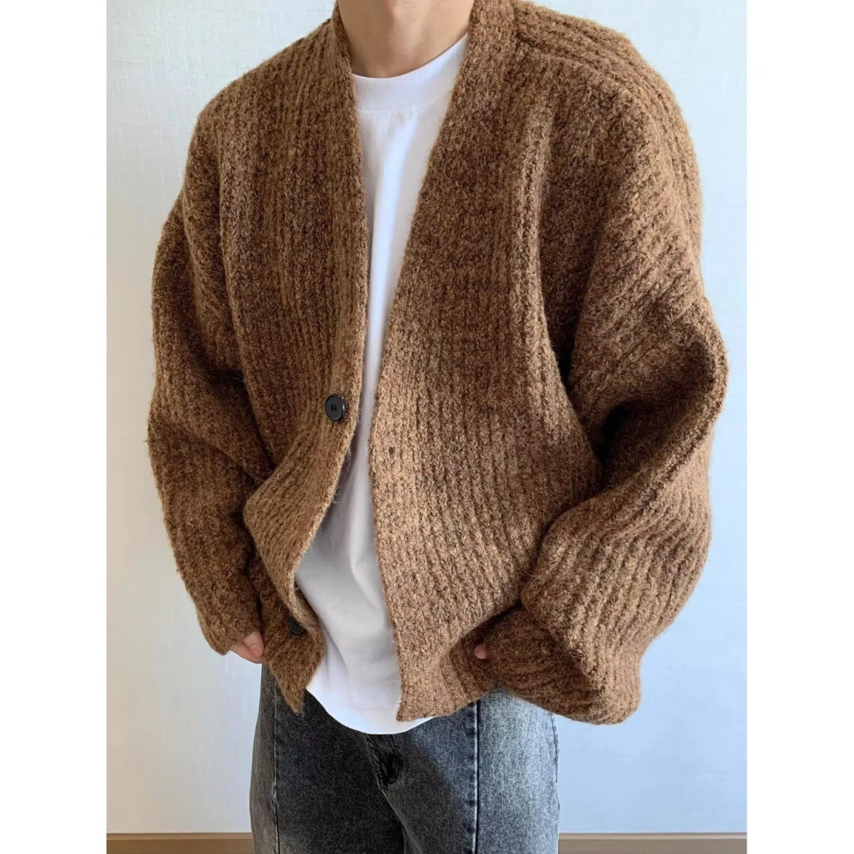 

Laid-ba Brown Knitted Sweater Jaet Men's Thiened Autumn Winter New Sle Retro Loose Japanese Sle Knit Cardigan Jaet