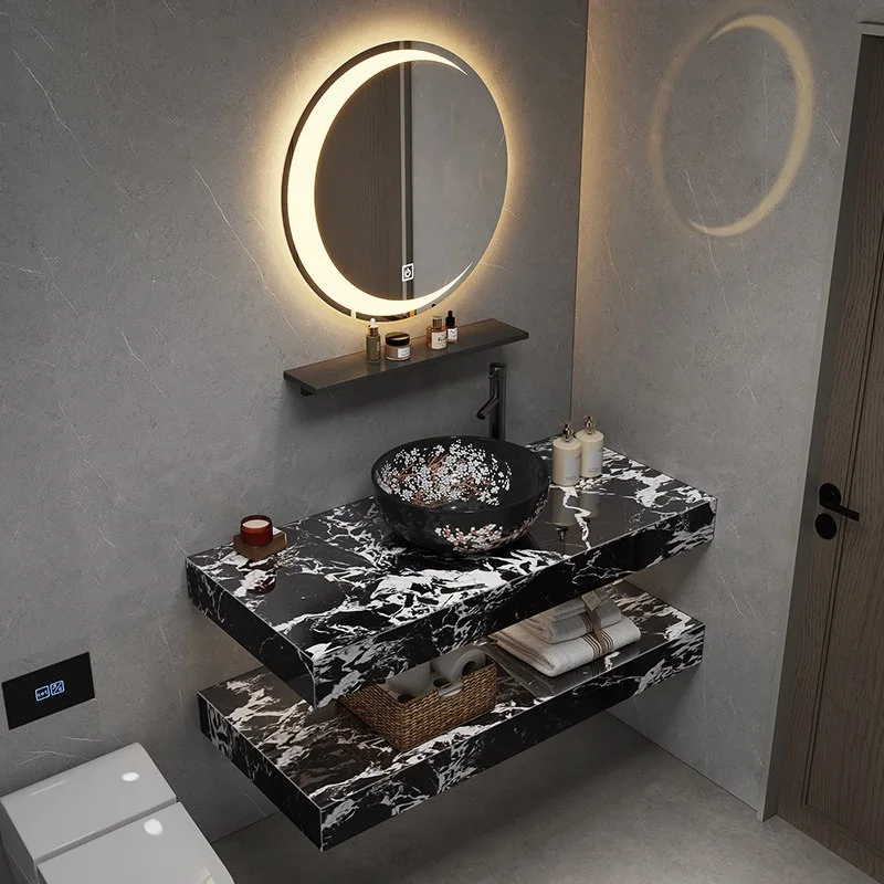 Bathroom Cabinet Rock Slab Washbasin Artistic Basin on The Pool Table, Double-layer Washbasin Cabinet Bathroom Sink Cabinet