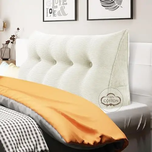 100% Cotton Corduroy Headboard Pillow – Full Size Back Support Reading Wedge for Bed & Daybed, Plush Handmade Bolster