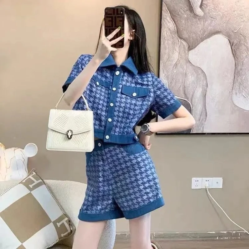 

Синие женские куртки, короткие комплекты из 2 предметов, свободные повседневные женские шорты, продвижение, новый координационный наряд, комплект новинок в корейском стиле