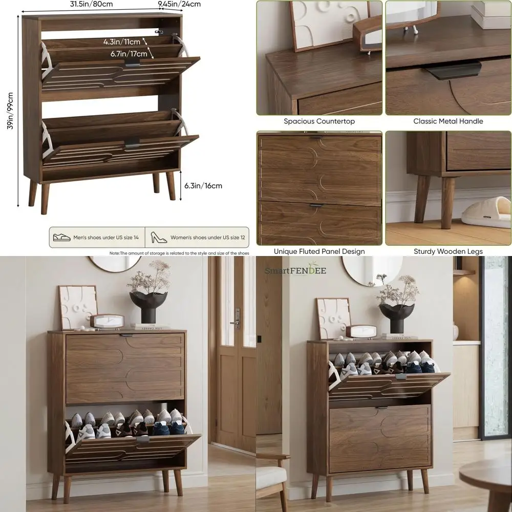 Zapatero independiente de nogal con 2 cajones y panel estriado para almacenamiento en entrada