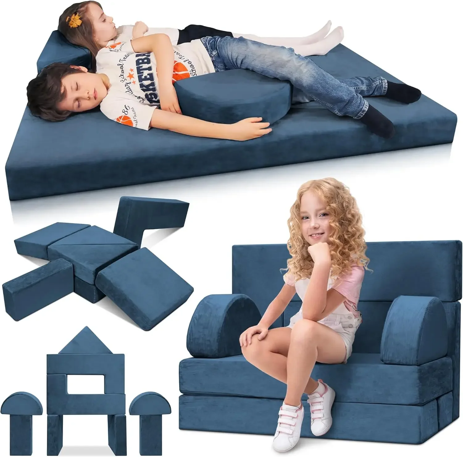 11pcs Modular Kids Play Couch, Child Sectional Sofa, Fortplay Bedroom and Playroom Furniture for Toddlers, Convertible Foam and