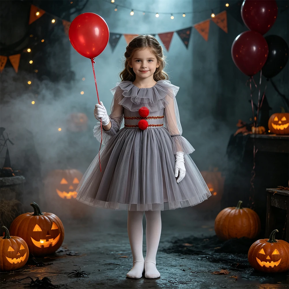 Conjunto de Disfraz de Payaso Gris para Niñas, Vestido de Tul con Guantes Blancos y Pompón Rojo para Cosplay y Espectáculos