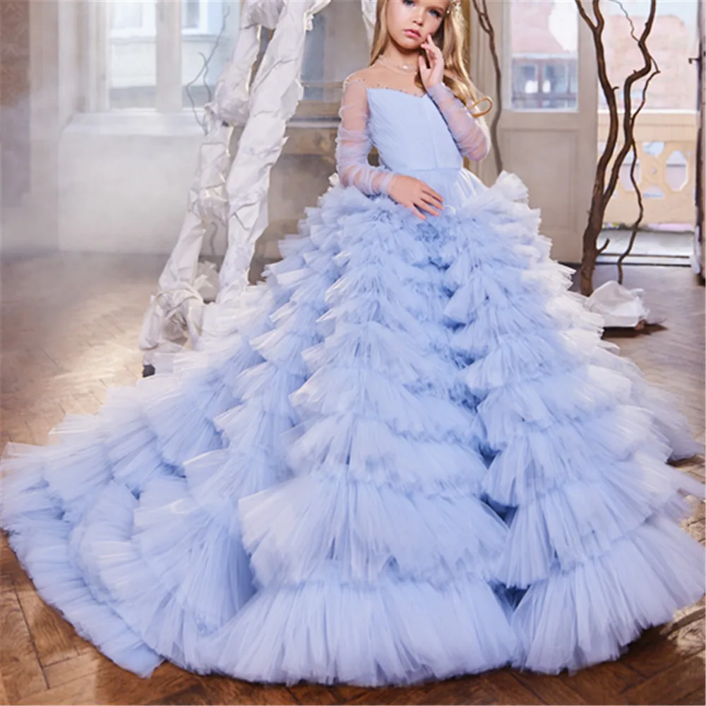 

Luxury Flower Girl Dresses For Wedding Prom Party Christmas Long Sleeve Blue Girls Banquet Gowns Tiered Skirts Princess Dress