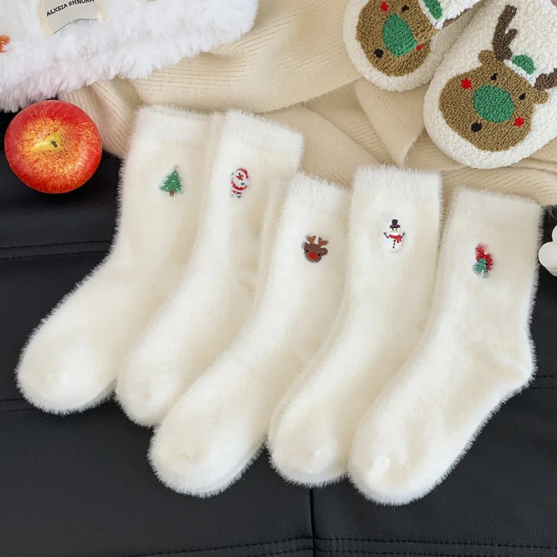 Navidad Herbst- und Wintersocken, weiße Weihnachtssocken aus Nerzfell, Schneemann, Weihnachtsmann, Weihnachtsbaumelemente, verdickte warme Socken