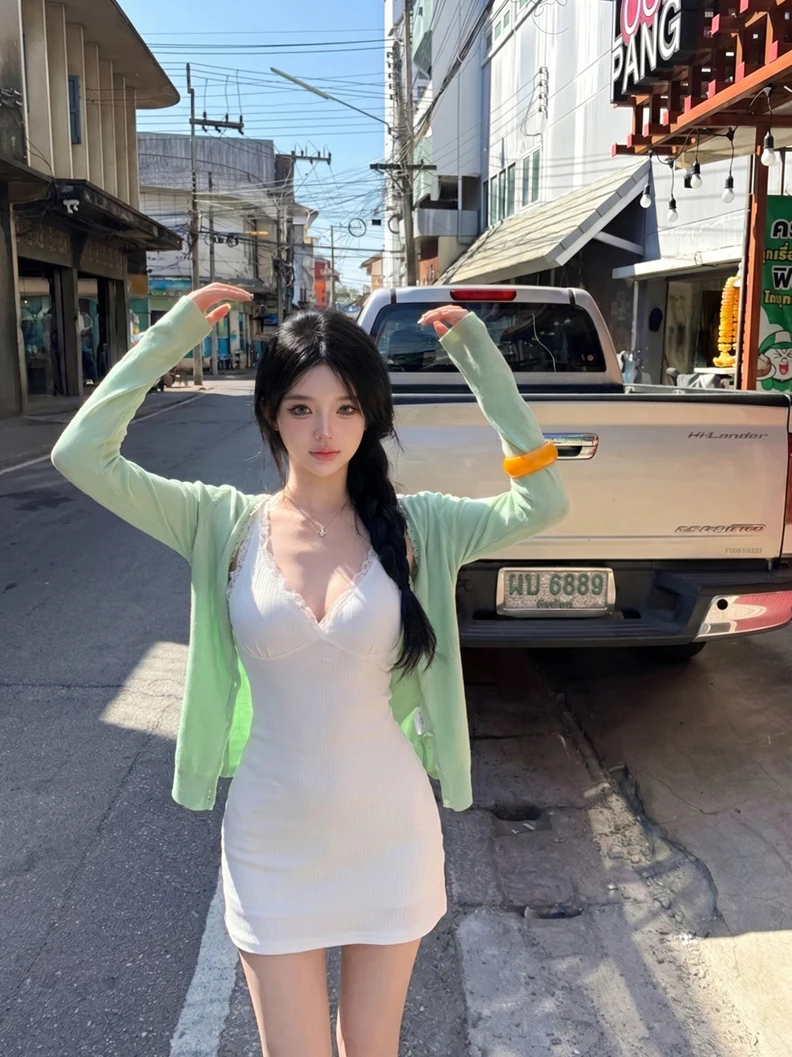 

Kumikumi Pure Desire Style Green Cardigan And Dress Set Women's Summer Sexy V-neck Two-piece Suit Casual Fashion Outfit