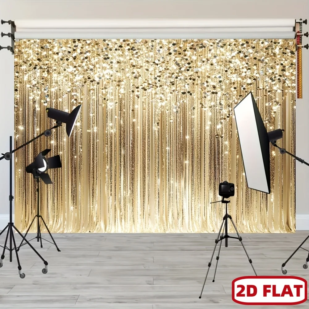 Gold Sequin Curtain 2D Flat Photography Backdrop Glamorous Sparkle Background for Portrait Event Wedding Studio Shoot Setup