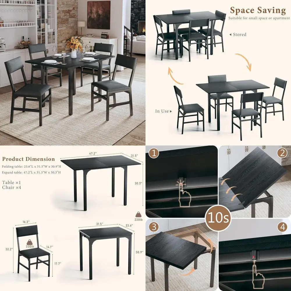 Space-Saving Extendable Rectangular Dining Table Set for 4 with Cushioned Chairs and Metal Frame in Black