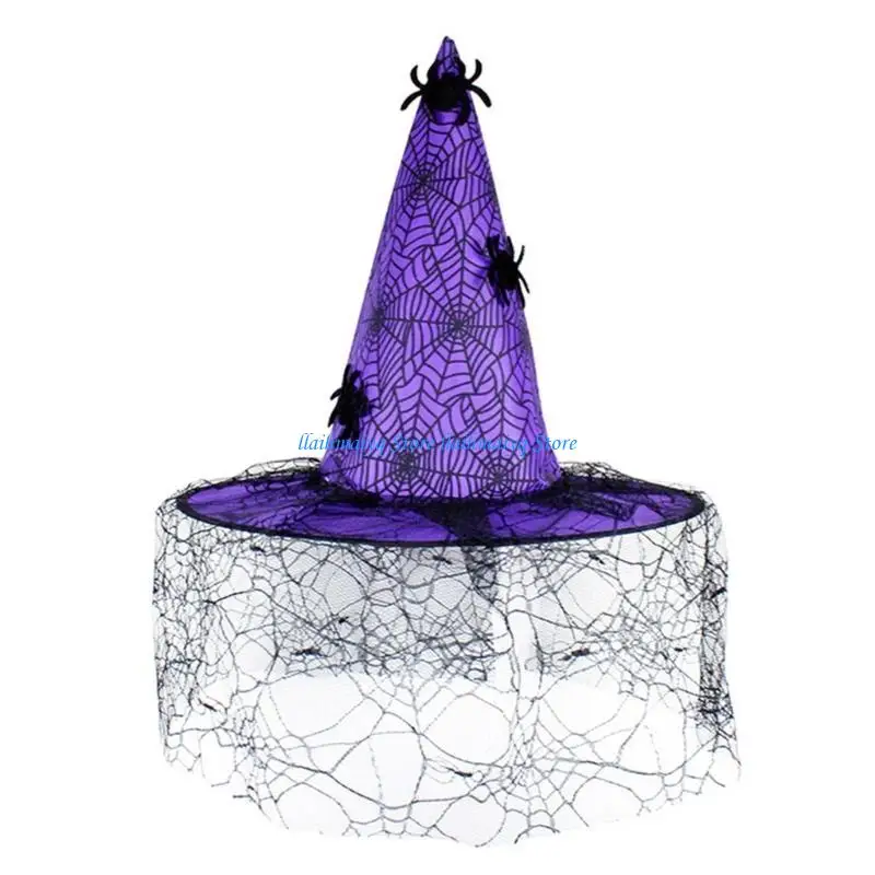 

573B Halloween Witch Hat with Lace Veil Spiders Web Print Women Wizard Cosplays Party