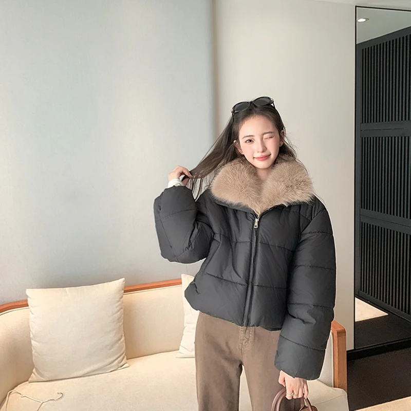 Korean Women's Short Puffer Jacket with Large Fur Collar Women Loose Thick Padded Cotton Coats Female Solid Casual Zipper Parkas