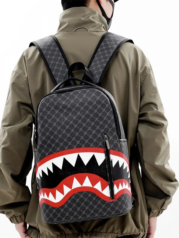 Men\'s backpack Simple personality big shark mouth plaid high school student college bag computer backpack pragmatic