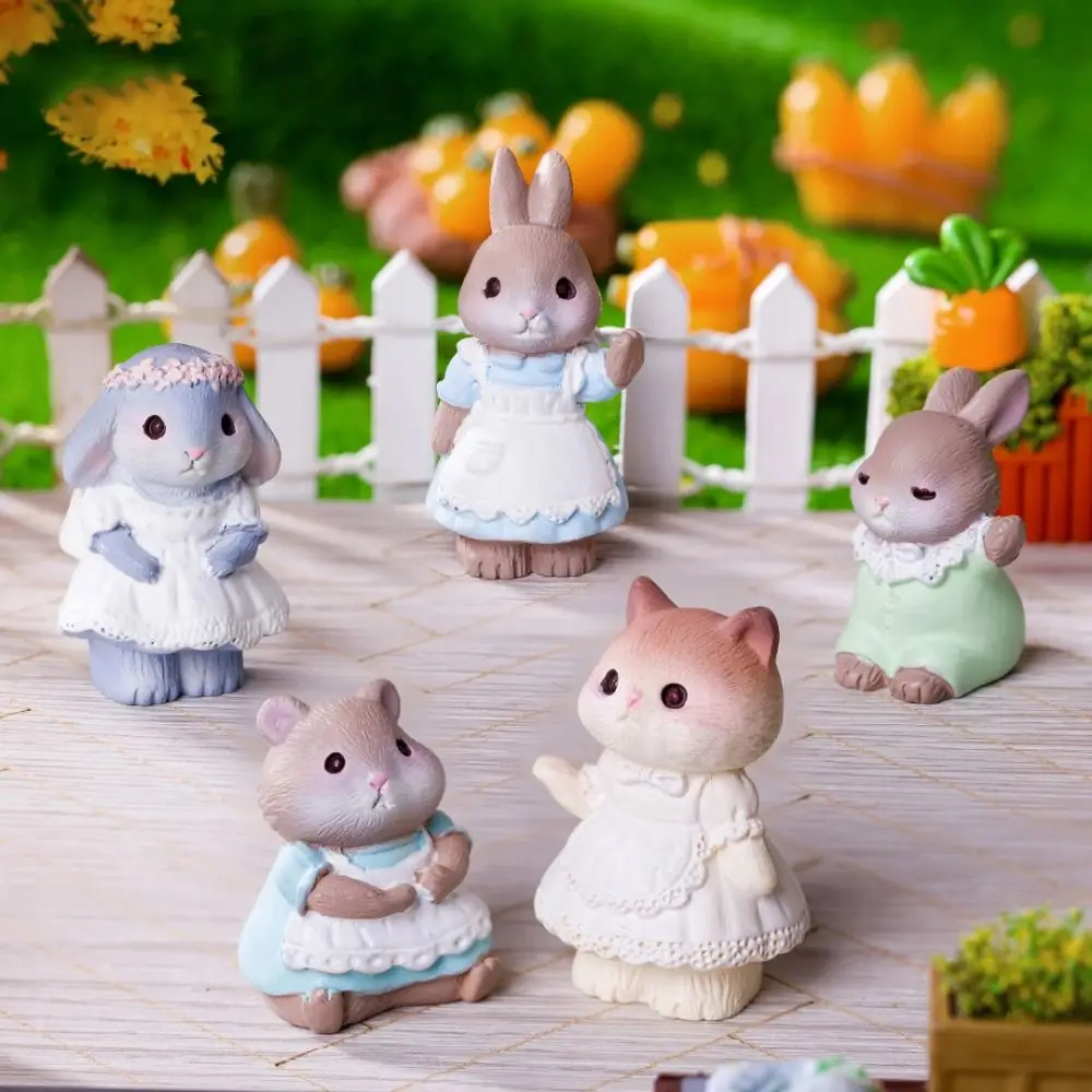 5Pcs/Set Resin Craft Animal Easter Decoration Maid Rabbit Cat Mouse Mini Miniature Figure Miniature Sculpture Fairy Garden