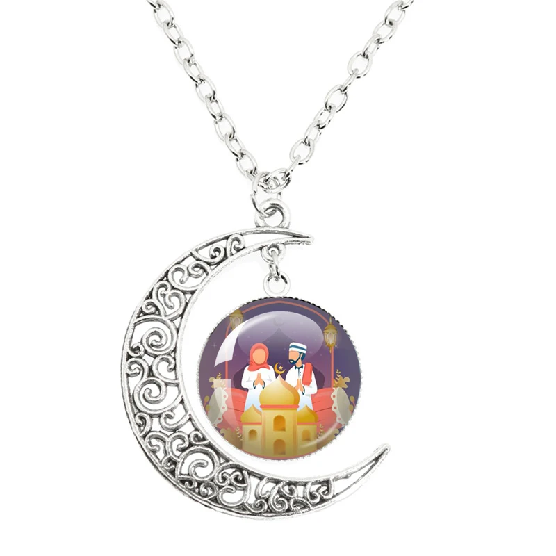Islam Allah Muslim Moon Necklace Murabak Ramadan Kareem Round Glass Pendant Gifts Give Friends Jewelry