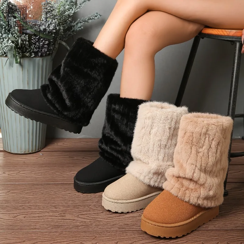 Sapatos de algodão fofos de sola grossa elegantes e versáteis para mulheres de inverno, novas botas de neve com alça de fivela 2025