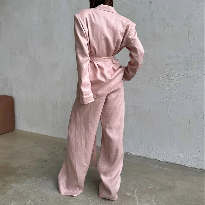 Casual Cotton Linen 2 Piece Blazer Pant Set Long Sleeve Lapel Belted Blazer High Waist Wide Leg Pant Suit Office Lady Outfits