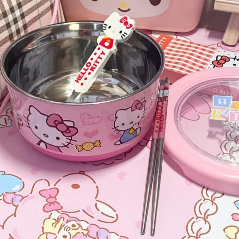 Sanrio Hello Kitty น่ารักชามราเมนสแตนเลสพร้อมฝาปิดขนาดใหญ่บะหมี่กึ่งสําเร็จรูปผลไม้สลัดข้าวซุปชามบนโต๊ะอาหาร