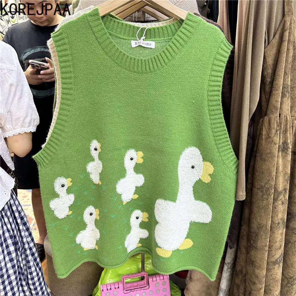 Korejpaa Waistcoat Women Autumn Winter Cartoon Duck Jacquard Kawaii Sweater Vest Knitwear Casual Round Neck Sleeveless Vests