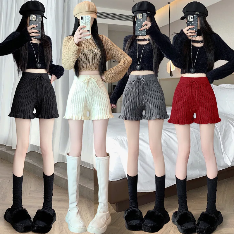 New Knitted Shorts Women High Waist Casual Loose Wide Leg Woolen Short Pants