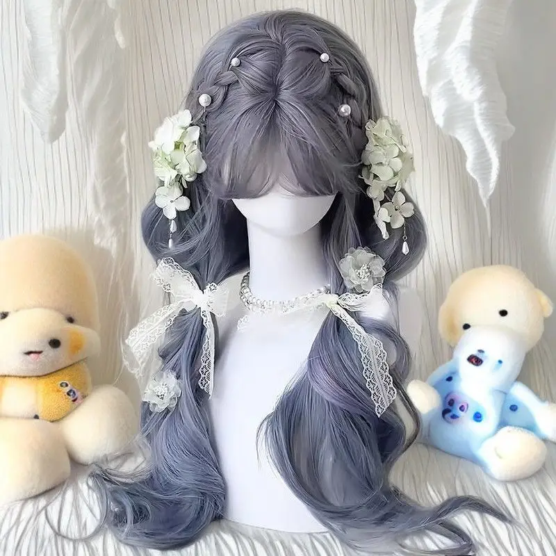 วิกผมคอสเพลย์สีฟ้าหมอกใหม่ - ผมลอนธรรมชาติ ทนความร้อน ผมสังเคราะห์ ทรงผมยาวหยิกสไตล์โบฮีเมียน