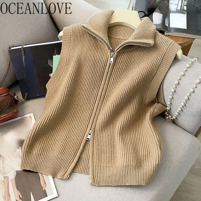 OCEANLOVE Turtleneck Spring Autumn Sweaters Women Tops Solid Zipper Korean Fashion Vests Casual Basics Short Cardigans