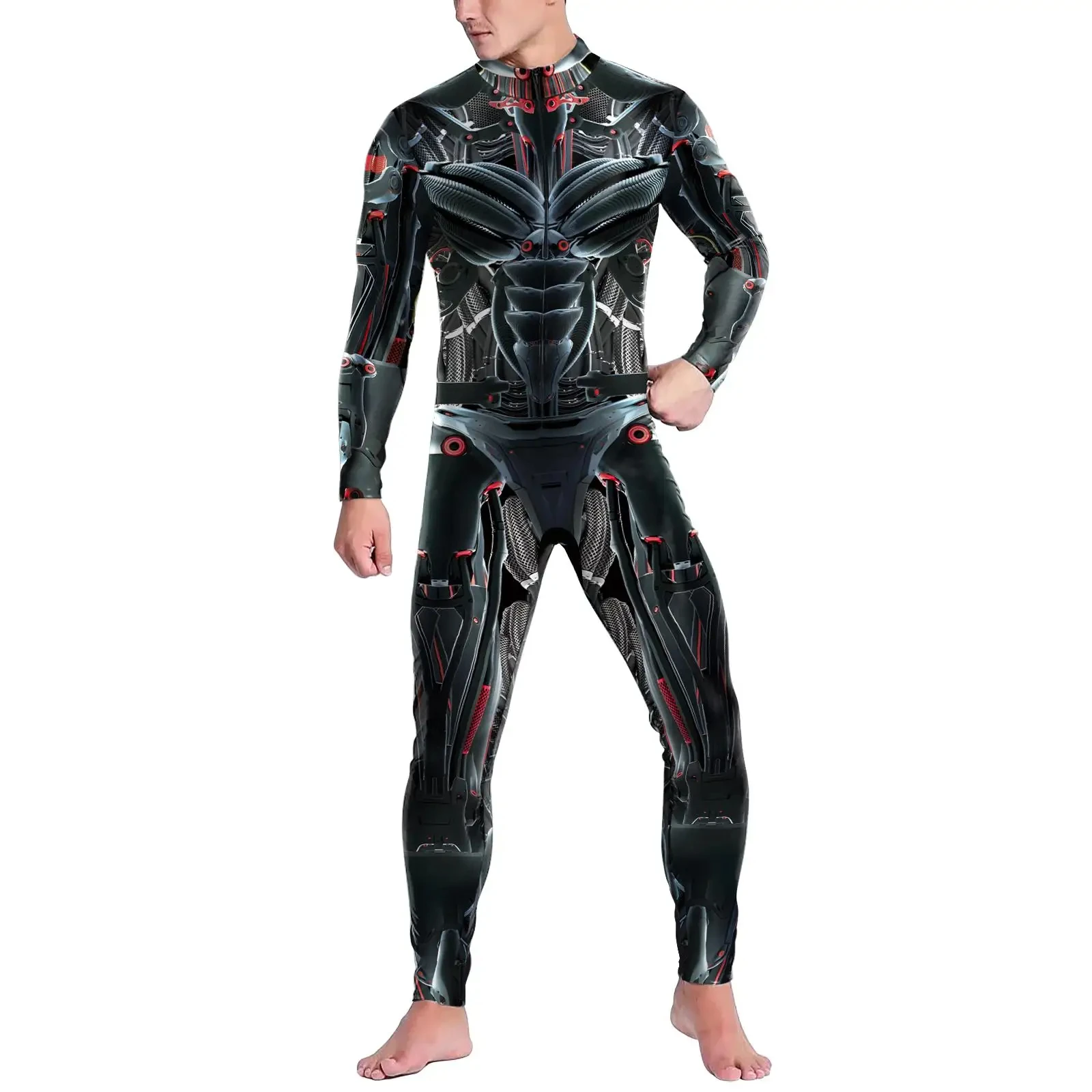 Halloween Various Men's Suits All-in-one Bodysuits Front Zip Punk Jumpsuits Cool Printed Robot Cosplay Tights Holiday Party