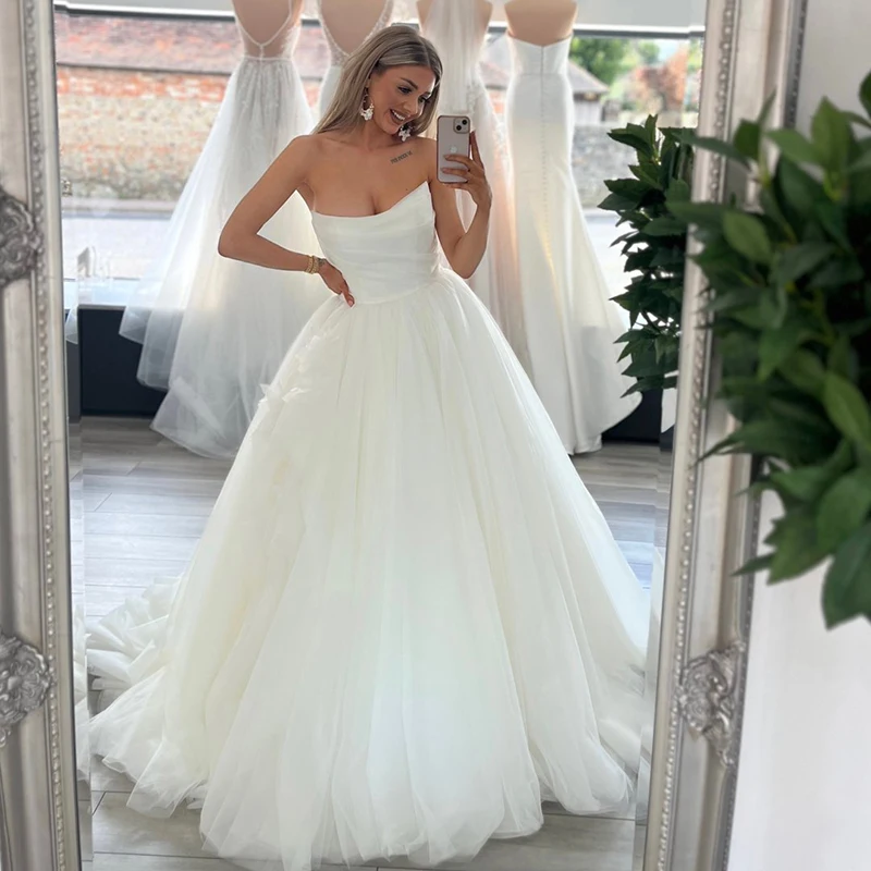 

Eightree White A-Line Wedding Dresses Boho Beach Strapless Sleeveless Tulle Bridal Dress Elegant Long Wedding Gowns Custom Size