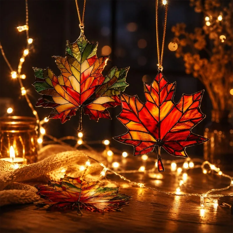 20/1PCS 2D Flat Acrylic Maple Leaf Decorative Pendant Stained Glass Fall Window Hanging Ornament Thanksgiving Home Party Decor view 4