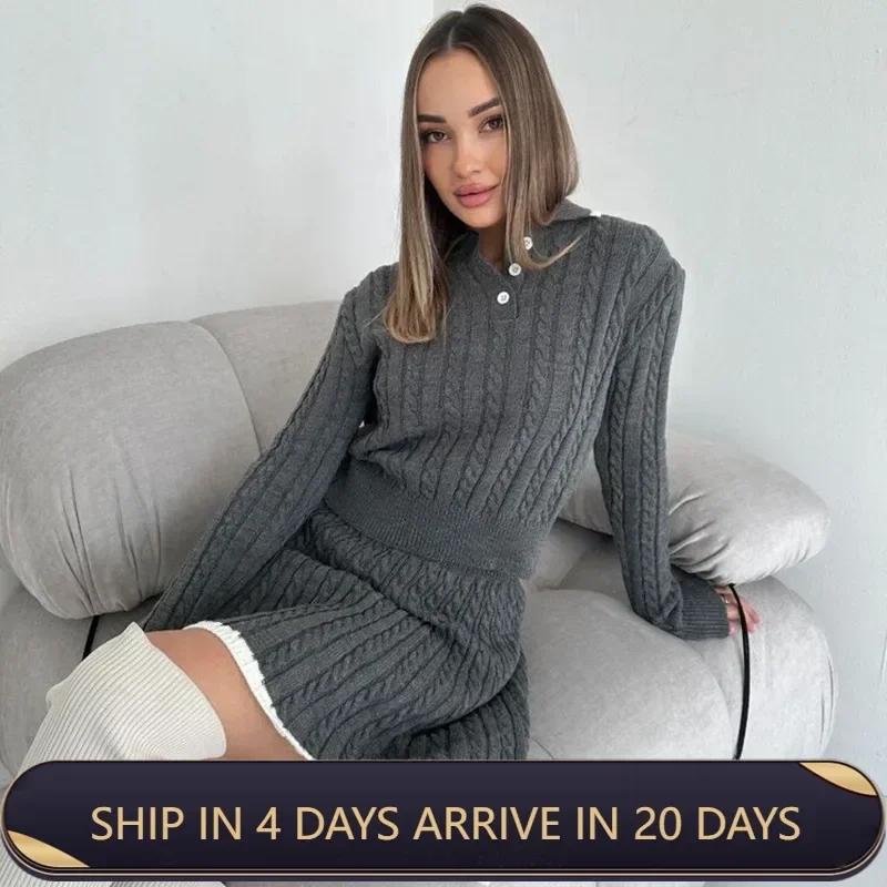 2024 New European And American Casual Skirt Set Long Sleeve Knitted Button Sweater Short Skirt Two Piece Set For Women