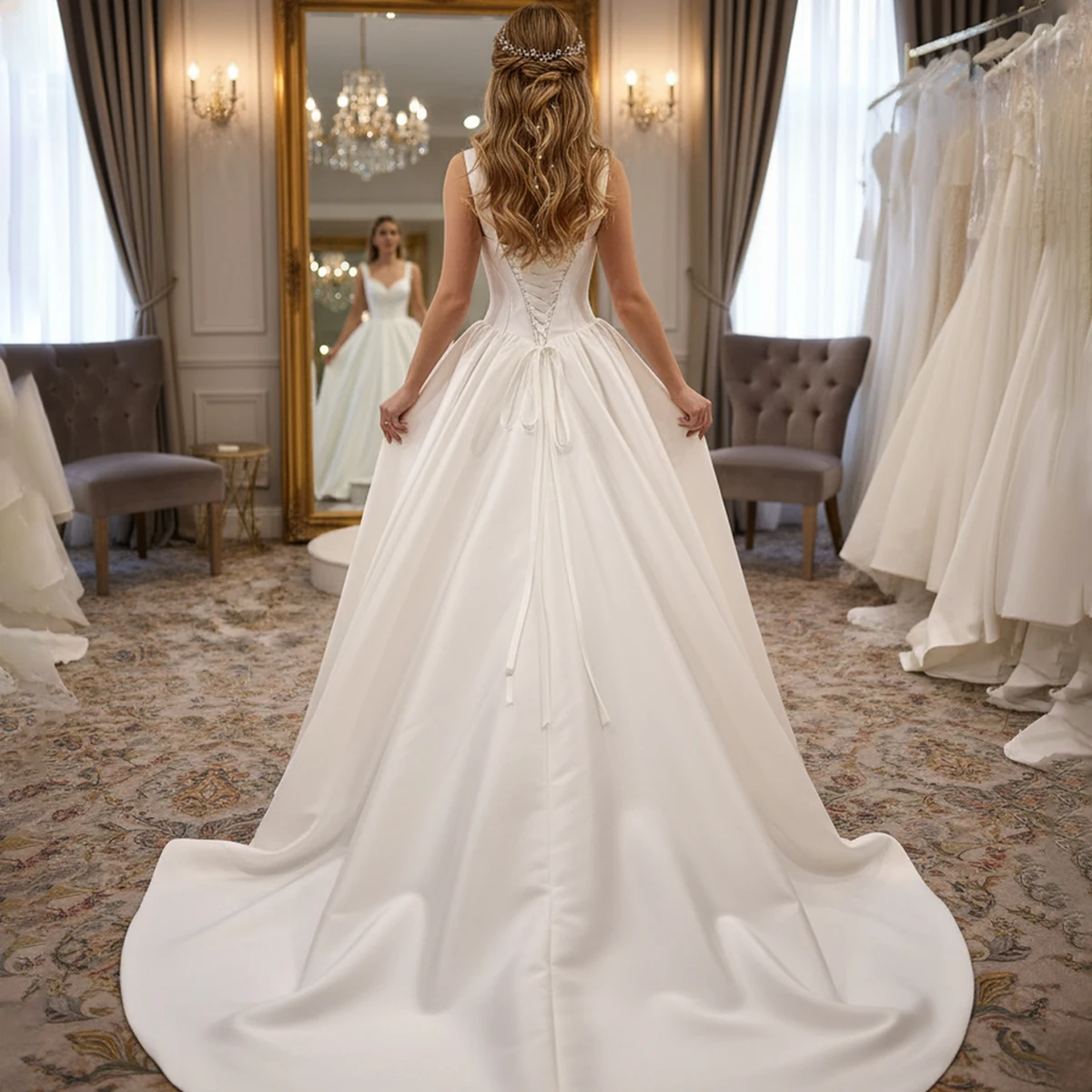 ビーチドレス ノビア Vネック プリーツ ウェディングドレス ロング サテン ボールガウン 花嫁用 ボタン Aライン パフスリーブ ブライダルパーティガウン 女性用