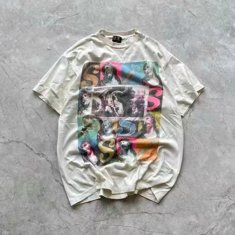 

Saint Tshirts American Summer Graffiti Printing Cotton Short-sleeved T-shirts for Men Women Harajuku