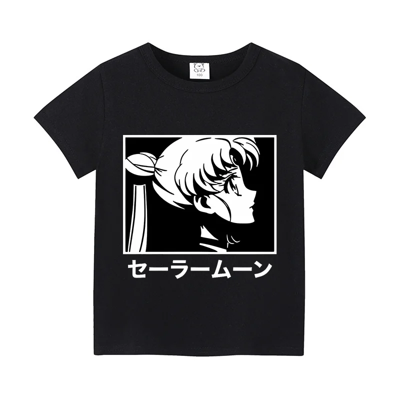 Sailor Moon Children T-shirt Cartoon Printed Short Sleeve Shirt Cute White Black Base Tee Tops Cotton Clothing Kid Birthday Gift