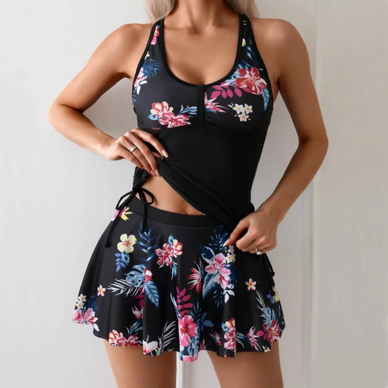 

Новый комплект танкини из двух предметов для женщин с юбкой, купальники с крестом на спине, купальный костюм с мягкой подкладкой, низ с высокой талией