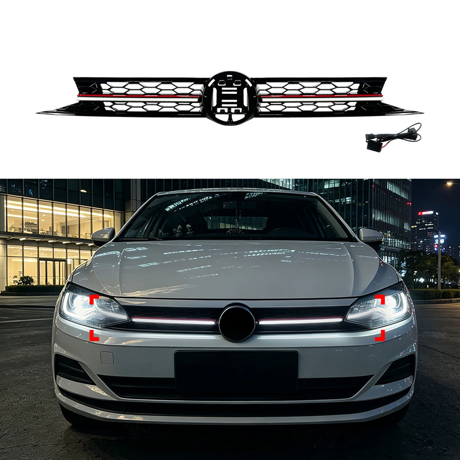 For Volkswagen 2018-2021 VW Polo GTI MK6 Gloss Black Front Grille Upper Bumper Hood Mesh Grid Air Intake Cover Racing Grill