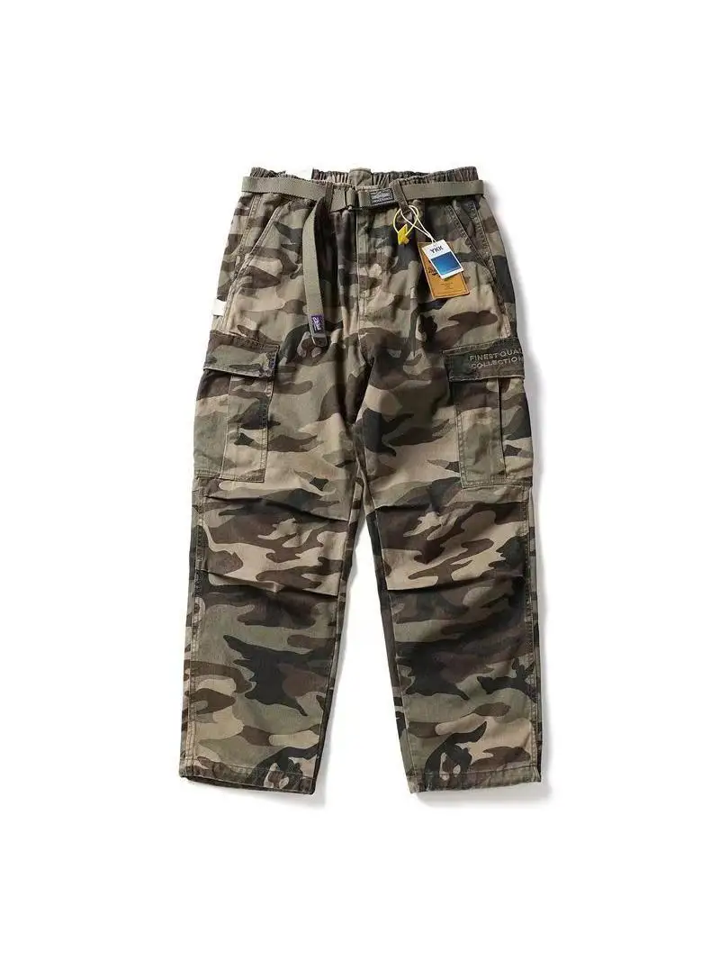 

Осенние камуфляжные рабочие брюки, свободные прямые мужские повседневные брюки, хлопковые брюки-карго с талией в стиле ретро для повседневной носки