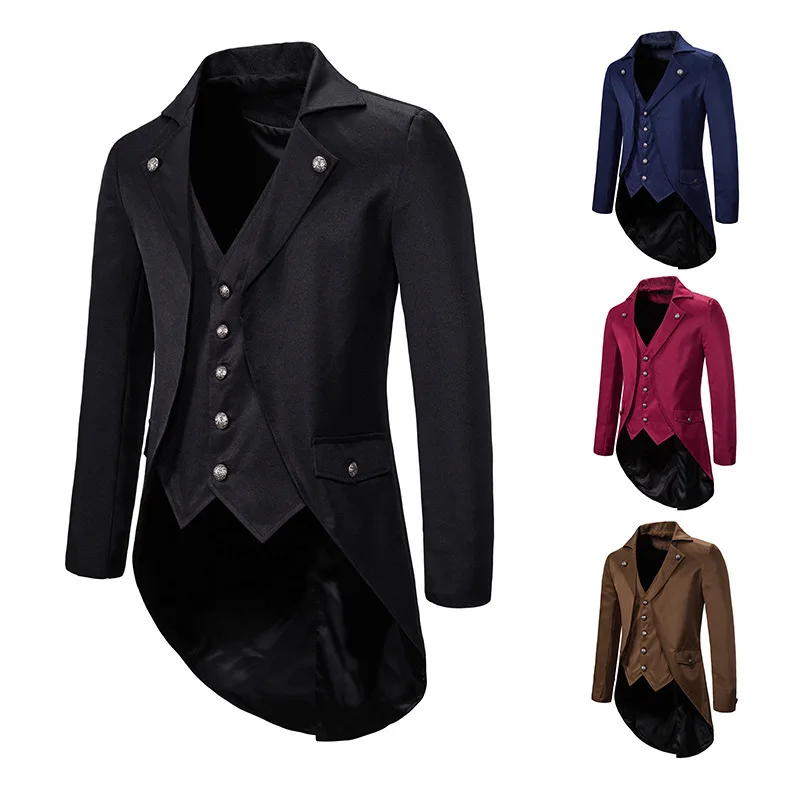 Men Vintage Tuxedo Dress Coat Cosplay Party Costume Fake Two Tailcoats Clothing Halloween Clothing Tops Dovetail Formal Uniform