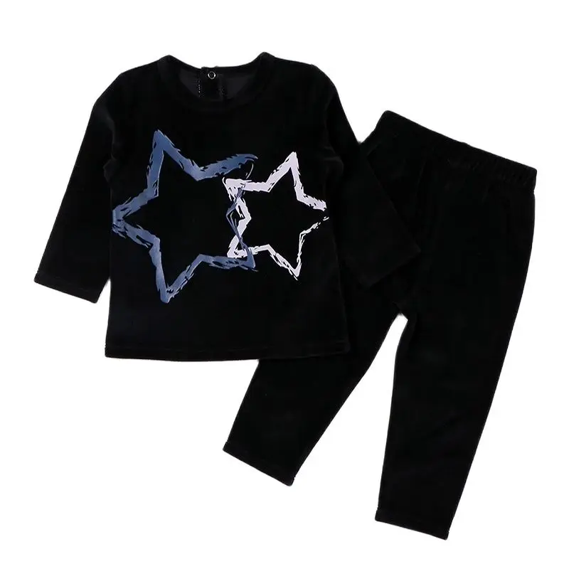 2pcs baby Clothes Long Sleeves Top and Pants Set Children Casual Set with Star Design Kids Clothes Black Velour Fashion Clothes