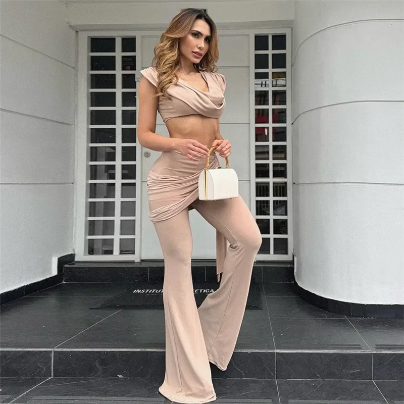 2024 Fashion Crop Tops and Pant Two Piece Set Sexy Skinny Solid 2 Piece Sets Going Out Outfits Women Winter Club Matching Sets