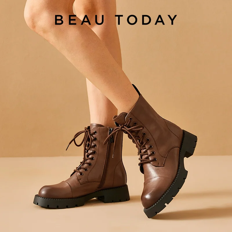 BEAUTODAY Ankle Boots Women Cow Leather Round Toe Solid Color Lace-up Side Zipper Closure 2023 Winter Shoes Handmade 03D08