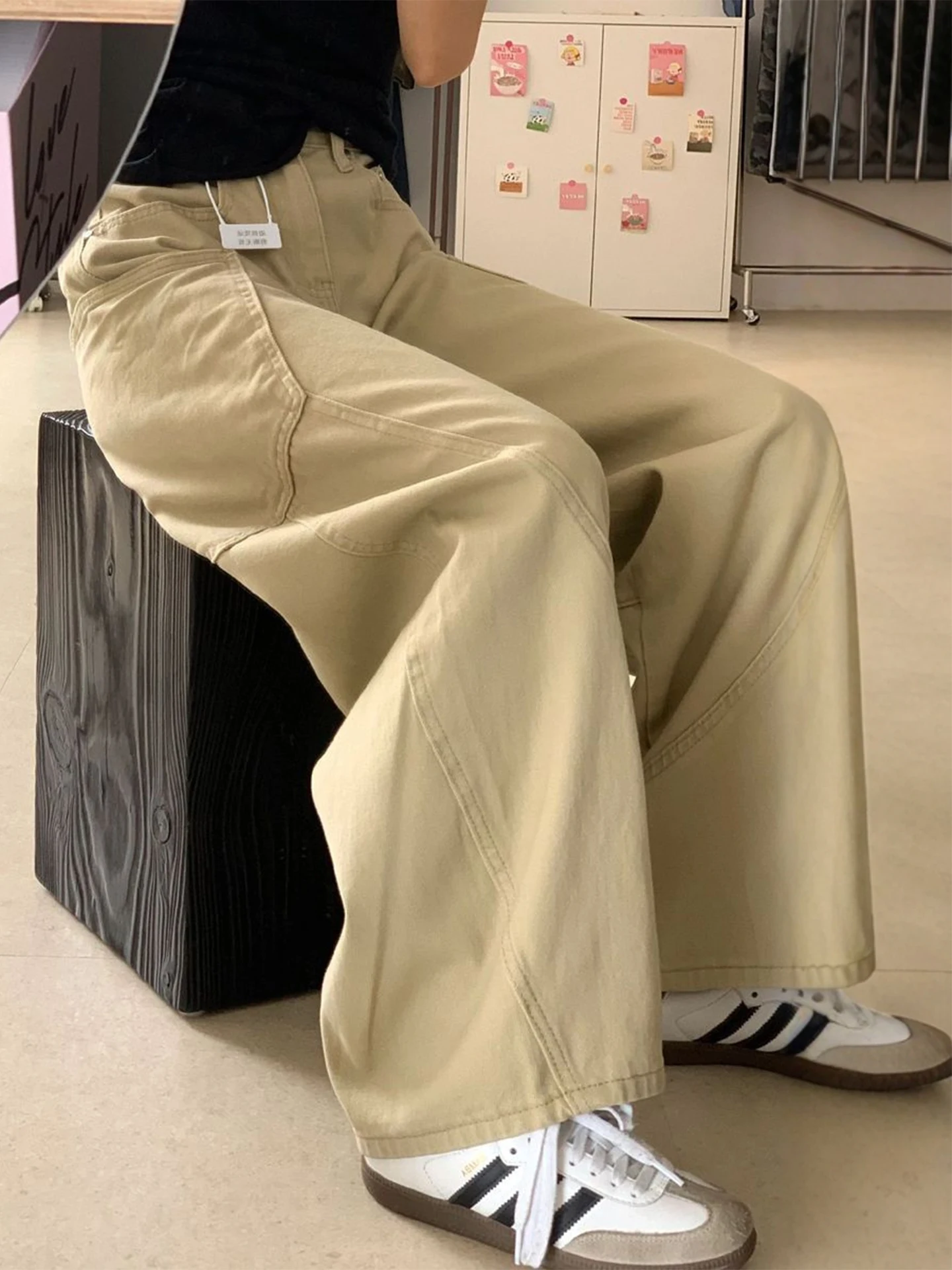 جينز كاكي واسع الساق للنساء سكين ريترو أمريكي غير رسمي ملابس عمل بنطلون عالي الخصر من قماش الدنيم